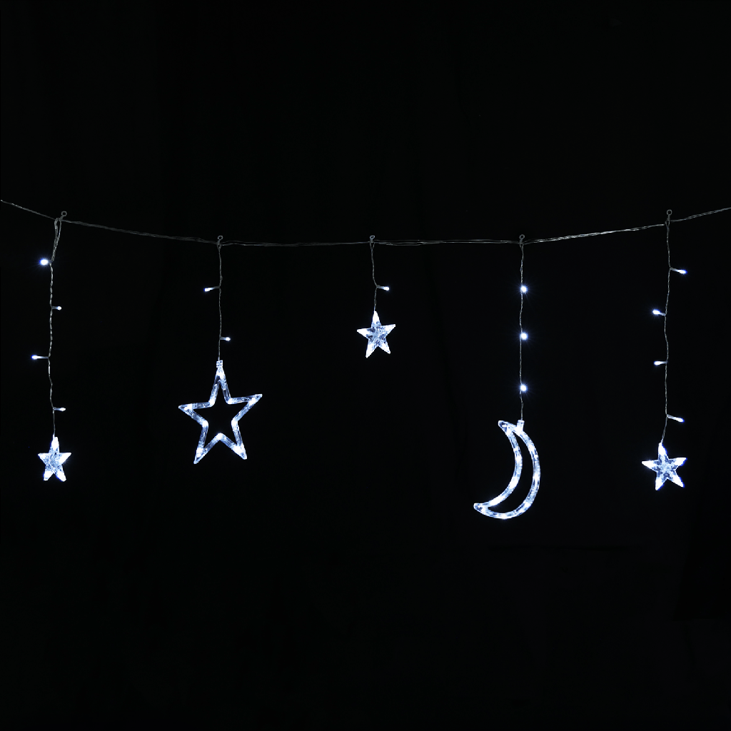 CATENA LUMINOSA SOLARE CON LUCI A LUNA E STELLE, LUCE FREDDA, 3M+3M*0.6M 12STR