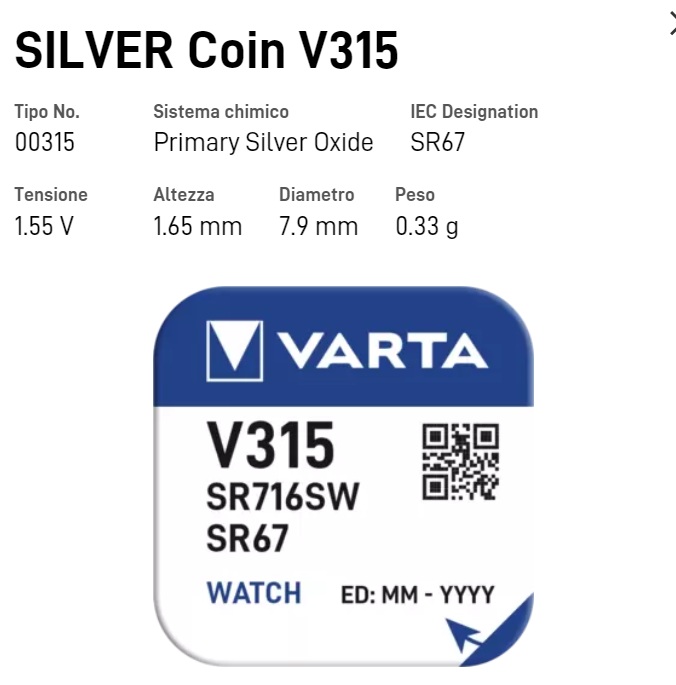 PILE VARTA PER OROLOGIO SILVER OXIDE BL. 1 V315/SR716SW