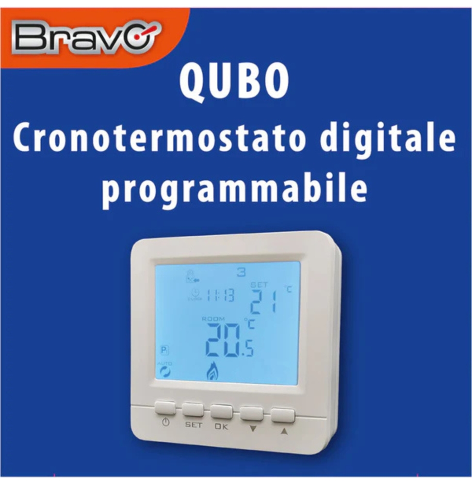 CRONOTERMOSTATO DIGITALE BRAVO MODELLO CRONOTERMOSTATO QUBO PROGRAMMAZIONE SETTIMANALE E GIORNALIERA PERSONALIZZABILE IN 6 FASI