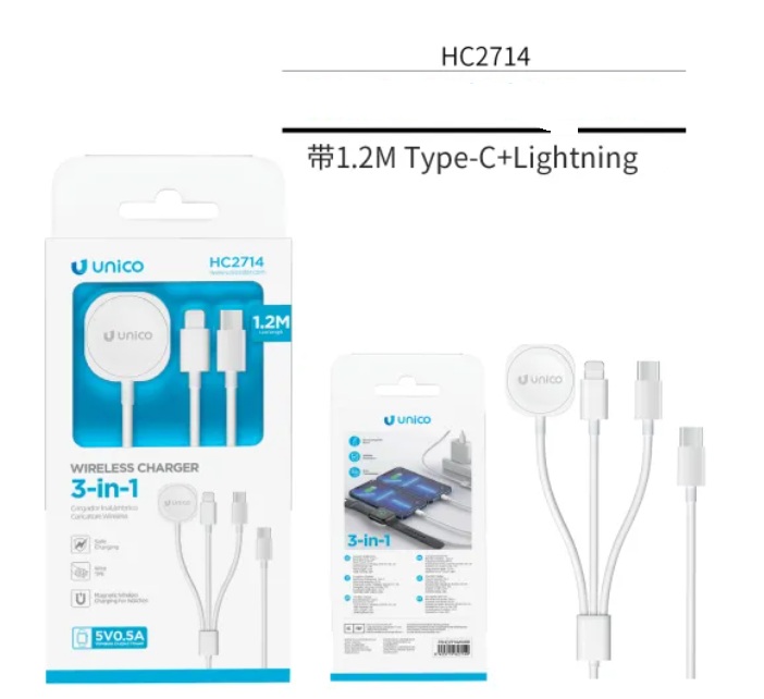 CARICATORE UNICO 3IN1 DA USB-C A USB-C , LIGHTING E BASE PER APPLE WATCH 100 CM. 