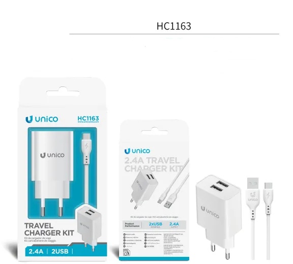 CARICATORE UNICO DA RETE BIANCO 2 PRESE USB-A 2.4A CON CAVO USB-A A USB-C 100CM