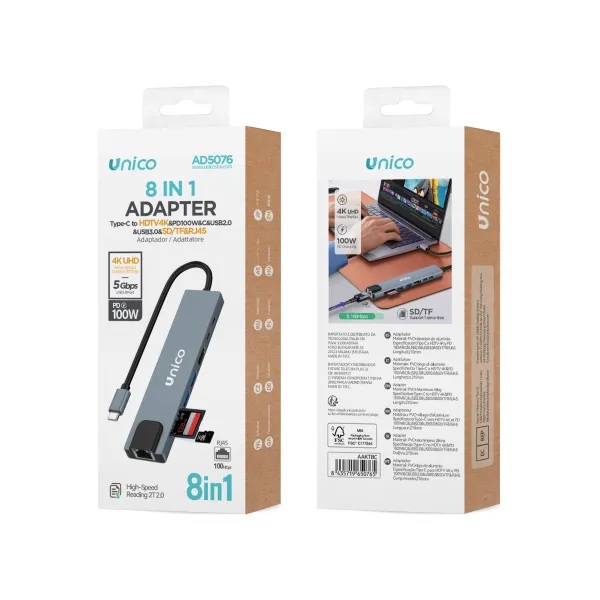 ADATTATORE UNICO 8IN1 DA SPINA USB-C A PRESE HDTV 4K , PD100W , USB-C , USB-A 2.0 , USB-A 3.0 , SD CARD , TF CARD , RJ45