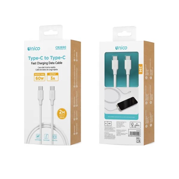 CAVO UNICO CARICA RAPIDA DA USB-C A USB-C  60W - 3AH - 200 CM
