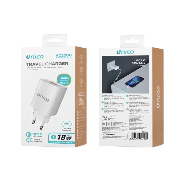 CARICATORE UNICO DA RETE USB-A 5V/3AH 9V/2AH 12V/1.5AH CARICA RAPIDA 18W BIANCO 