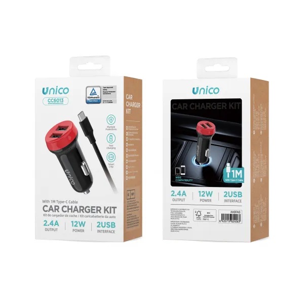 CARICATORE UNICO DA AUTO 12V CON 2 USB-A 2.4A E 1 USB-C IN DOTAZIONE  CAVO USB-A A USB-C CERTIFICAZIONE TUV 