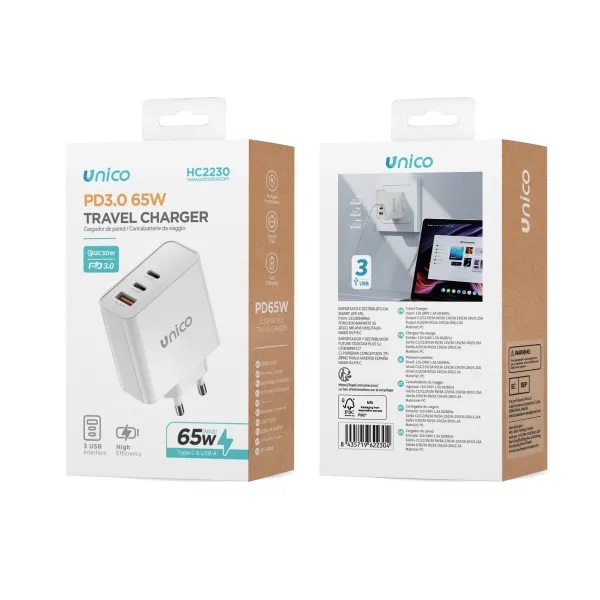 CARICATORE UNICO DA RETE CON 2 USB-C E 1 USB-A POWER DELIVERY 65W CON CERTIFICAZIONE GaN 