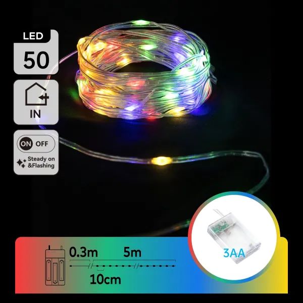 CATENA LUMINOSA A BATTERIA 3AA CON FILO IN RAME E PVC, RGBY, 5M ,IP20 INTERNO
