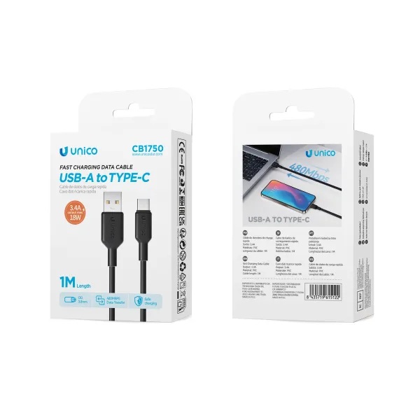 CAVO UNICO DA USB-A A USB-C 3.4AH 100CM NERO 
