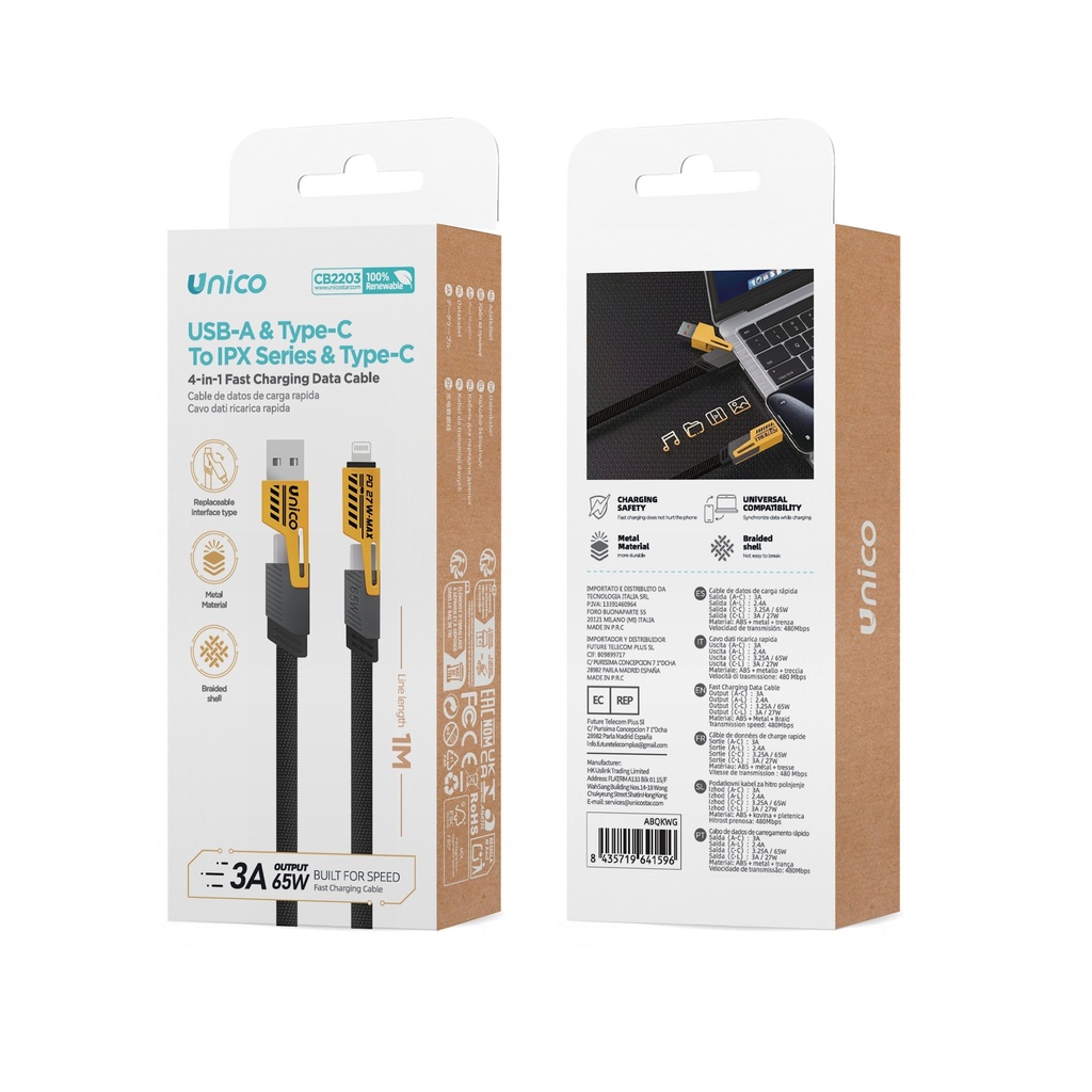 CAVO UNICO 4IN1  CARICA RAPIDA 65W 3A DA USB-A - USB-C A USB-C A LIGHTNING ( IPX SERIES )