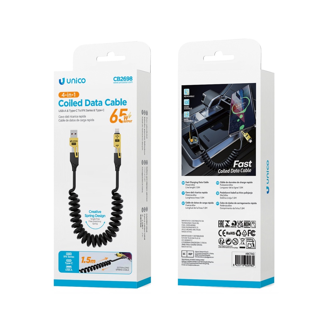 CAVO UNICO 4IN1 CARICA POWER DELIVERY 65W 3A DA USB-A A USB-C , USB-C A LIGHTNING CAVO SPIRALATO 150CM NERO 