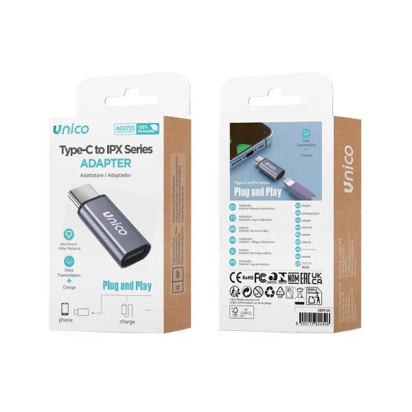 ADATTATORE UNICO IN METALLO CON PRESA LIGHTNING A SPINA USB-C 