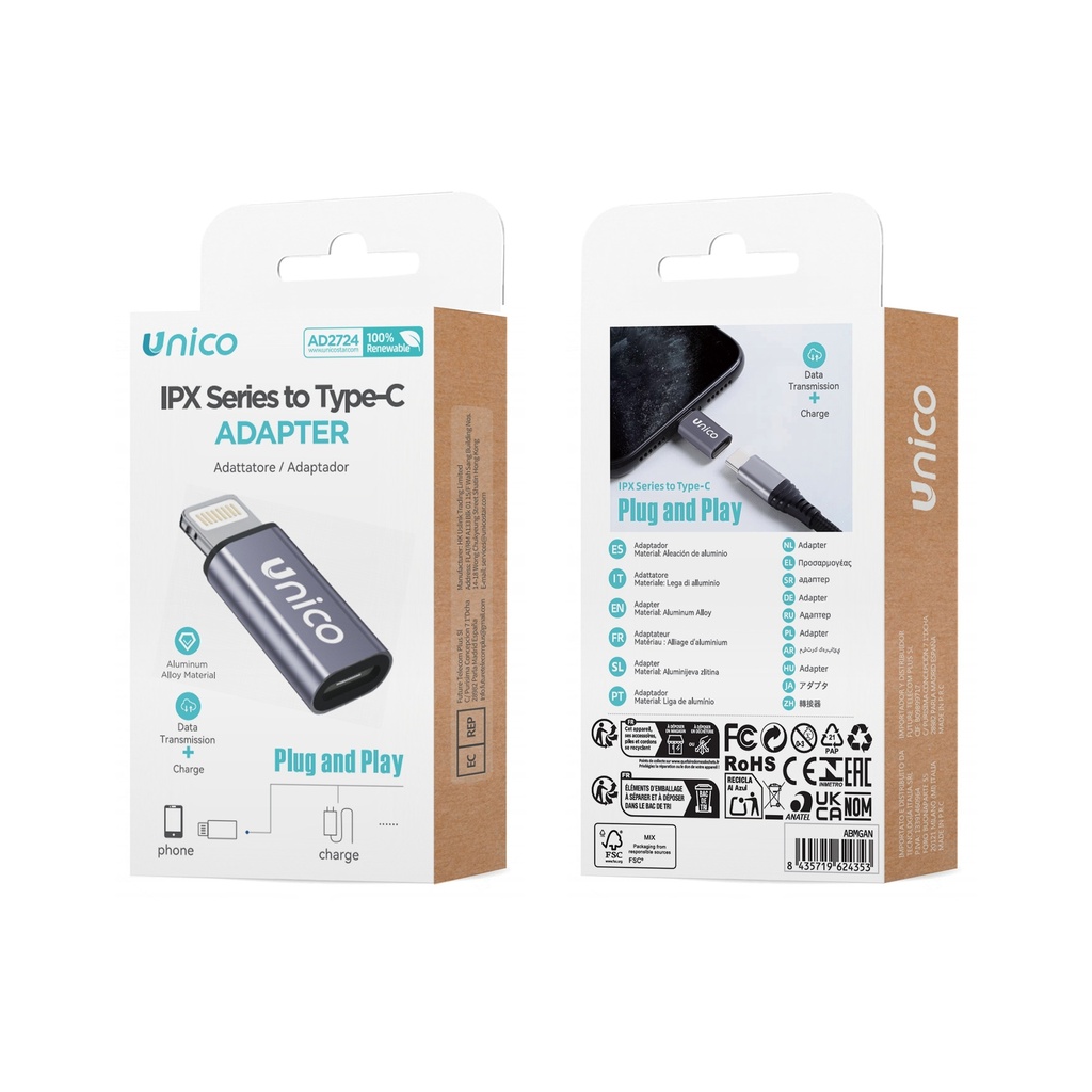 ADATTATORE UNICO IN METALLO CON PRESA USB-C A SPINA LIGHTNING 