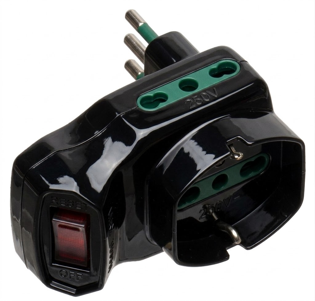  ADATTATORE CIVILE CONTAKT INTERRUTTORE DI SICUREZZA SPINA 2P+T 10A S11 + 2 BIPRESE 2P+T P17/11 + 1 PRESA SCHUKO P30  +1500W NERO