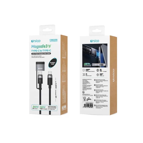CAVO UNICO 2IN1 DA USB-C A USB-C 240W E CONNETTORE MAGNETICO MAGSAFE-3  140W  5A  200CM 