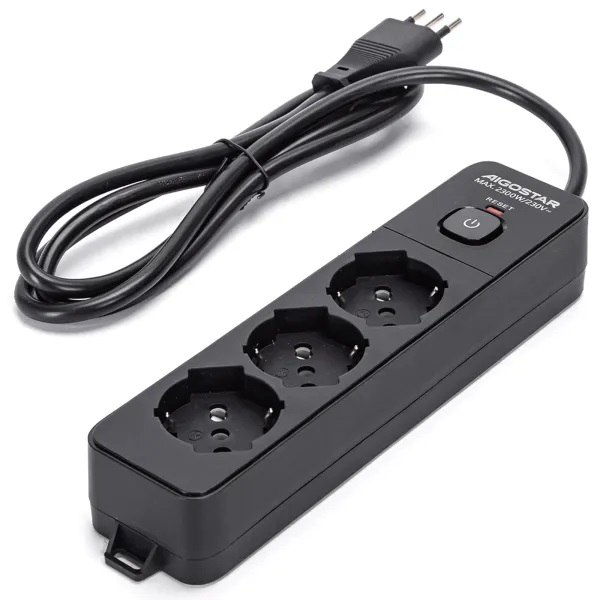 PRESA MULTIPLA CONTAKT 3 BIPRESE+SCHUKO+INTERRUTTORE+ CAVO 1.5MT MAX2300W  (SPINA 10A) NERA