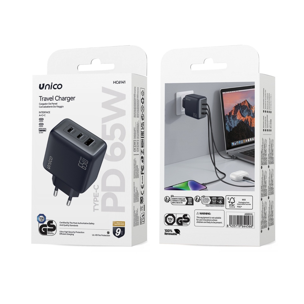 CARICATORE UNICO DA RETE 2 PORTE USB-C E 1 PORTA USB -A POWER DELIVERY 65W TUV-GS NERO 