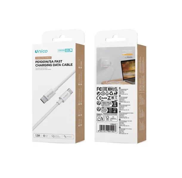 CAVO UNICO ULTRA VELOCE 100W DA USB-C A USB-C 5AH  150CM NERO