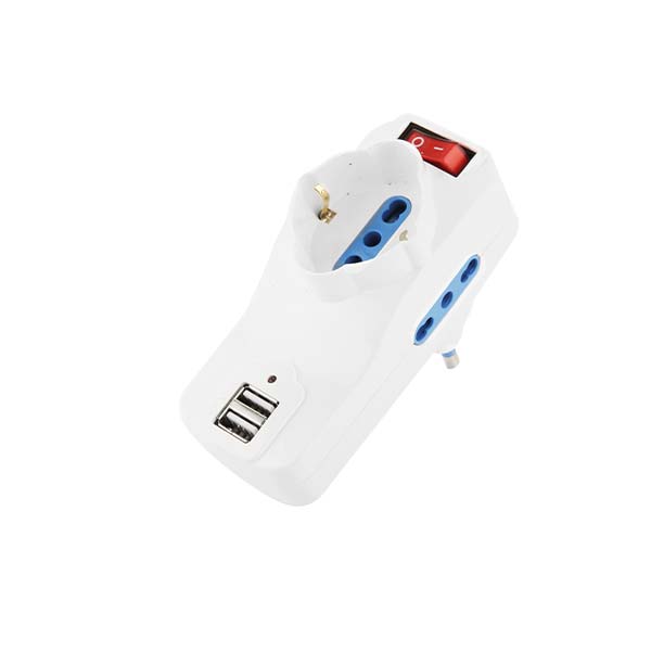  ADATTATORE CIVILE FAI CON INTERRUTTORE 1 SPINA GIREVOLE 2P+T 16A S17 - PRESA BIPASSO/SCHUKO  - 2 BIPRESE 2P+T - 2P 17/11 -P30 +T 2 PRESE USB 