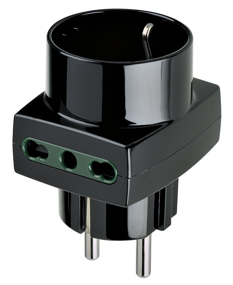 ADATTATORE CIVILE VIMAR 1 SPINA SCHUKO S31 2 PRESE BIPASSO P17-P11  1 BIPASSO+SCHUKO P30 250V NERO