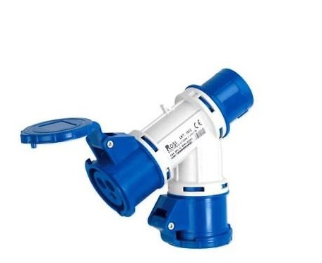 ADATTATORE INDUSTRIALE FAEG CON SPINA CEE 2P+T 16A+ 2 PRESE CEE 2P+T 16A BLU