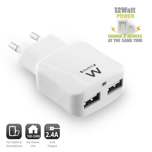 [M486622610] CARICABATTERIE USB AC  SMART IC  2 PORTE  2.4A (12W)  BIANCO