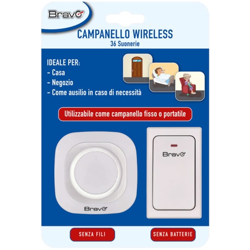 [BRCAMPWI] CAMPANELLO WIRELESS BRAVO MODELLO CAMPWI CON SPINA 220V E  PULSANTE ESTERNO A RICARICA CINETICA 