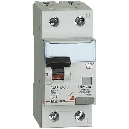 [TCGC8813AC16] INTERRUTTORE MAGNETOTERMICO DIFFERENZIALE 1P+N - 4,5KA - IDN=0,03A TIPO AC - 2A