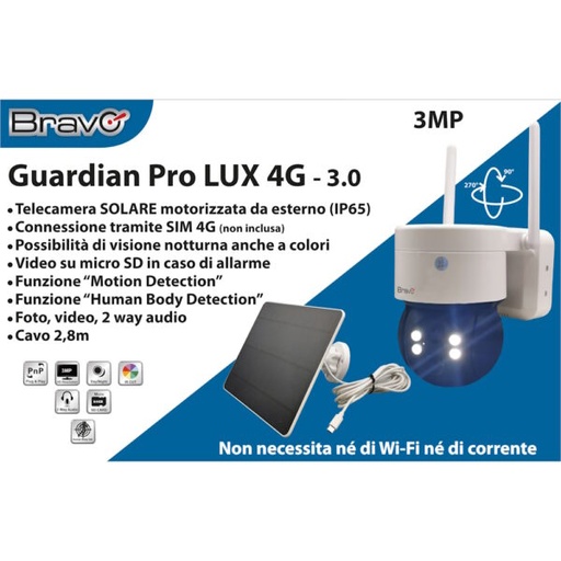 [GUARDIANPROL] TELECAMERA VIDEOSORVEGLIANZA BRAVO MODELLO GUARDIANPRO CON PANNELLO SOLARE DI RICARICA 