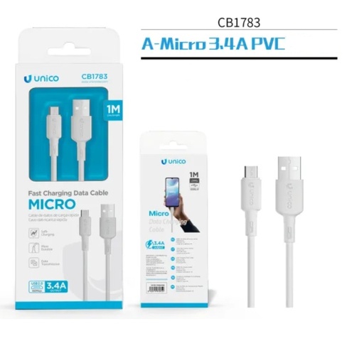 [CB1783B] CAVO UNICO CARICA BIANCO DA USB-A MICRO  USB SMART RAPIDA 3.4AH 100 CM.