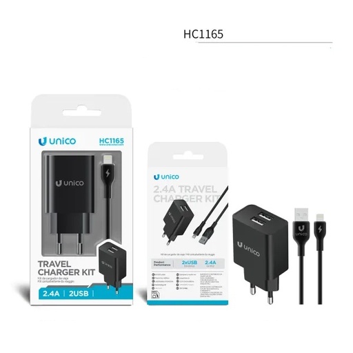 [HC1165N] CARICATORE UNICO DA RETE NERO 2 PRESE USB-A 2.4Ah CON CAVO USB-A A LIGHTING 100CM 