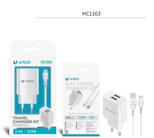 [HC1163B] CARICATORE UNICO DA RETE BIANCO 2 PRESE USB-A 2.4A CON CAVO USB-A A USB-C 100CM
