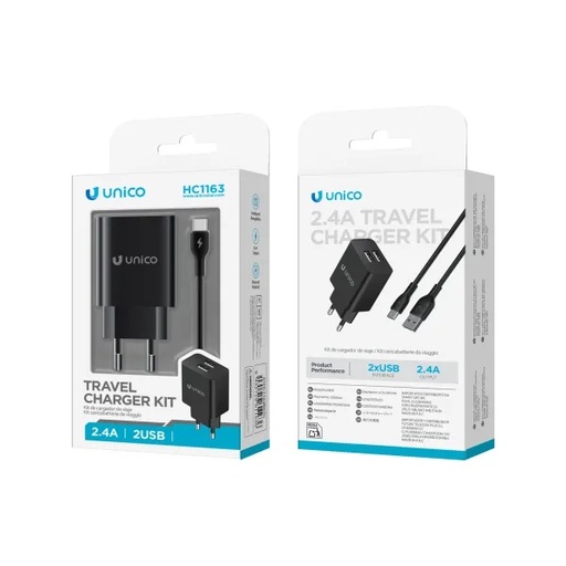 [HC1163N] CARICATORE UNICO DA RETE NERO 2 PRESE USB-A 2.4AH CON CAVO USB-A A USB-C 100CM 