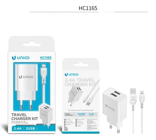 [HC1165B] CARICATORE UNICO DA RETE BIANCO 2 PRESE USB-A 2.4A CON CAVO USB-A A LIGHTING 100CM