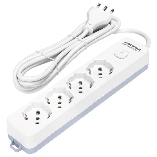 [CT20104B] PRESA MULTIPLA CONTAKT 4 BIPRESE + SCHUKO + INTERRUTTORE + CAVO 3MT.  MAX3500W SPINA 16A BIANCO 