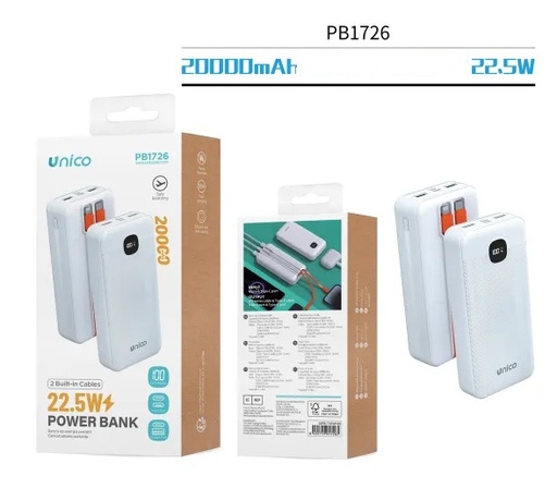 [PB1726] CARICATORE POWER BANK UNICO BIANCO DA 20000 Mah CON DISPLAY DIGITALE 