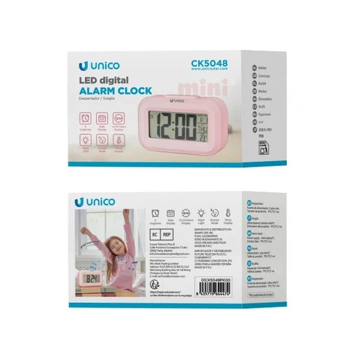 [CK5048PINK] MINI SVEGLIA DIGITALE UNICO CON ALIMENTAZIONE CAVO USB-A O 3 AAA MINISTILO COLORE ROSA 