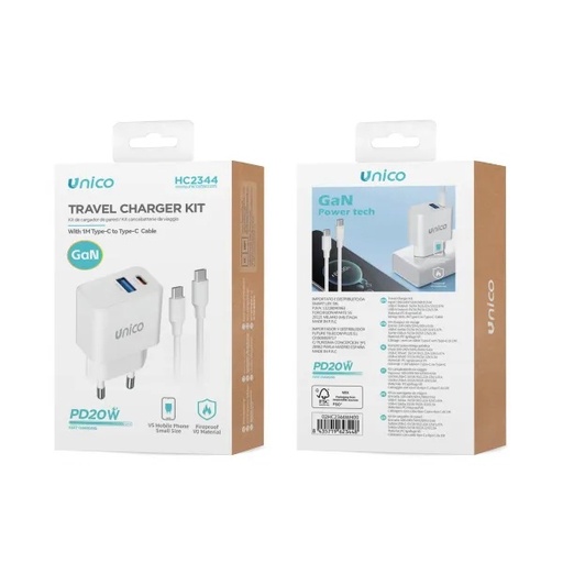[HC2344] CARICATORE UNICO DA RETE BIANCO 1 PRESA USB-A E 1 PRESA USB-C RAPIDO 20W CON CAVO USB-C A USB-C 100CM 