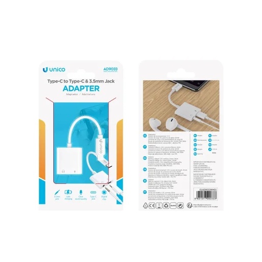 [AD9033] ADATTATORE UNICO DA SPINA USB-C A PRESA USB-C E PRESA JACK 3.5 MM 