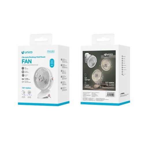 [FN5202] VENTILATORE UNICO RICARICABILE PORTATILE CON PINZA O POSSIBILITA' FISSAGGIO A MURO CON ANGOLO DI 720° 