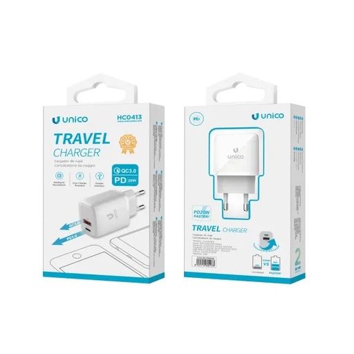[HC0413B] CARICATORE UNICO DA RETE BIANCO CON 1 PRESA USB-A E 1 PRESA USB - C RAPIDO 20W QUICK CHARGE 3.0 
