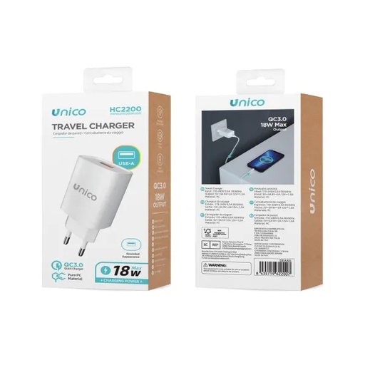 [HC2200] CARICATORE UNICO DA RETE USB-A 5V/3Ah 9V/2Ah 12V/1.5Ah CARICA RAPIDA 18W BIANCO 