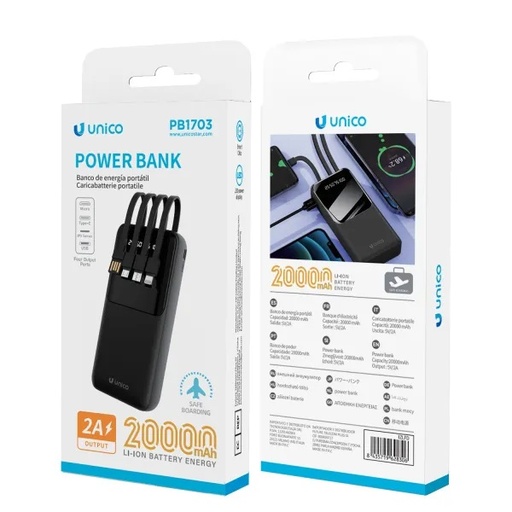 [PB1703N] CARICATORE POWERBANK UNICO NERO DA 20000 MAH CON 4 CAVI INTEGRATI 