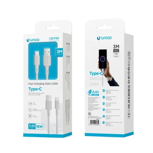 [CB1790] CAVO RICARICA RAPIDA USB-TYPE C 3.4A 3M PVC