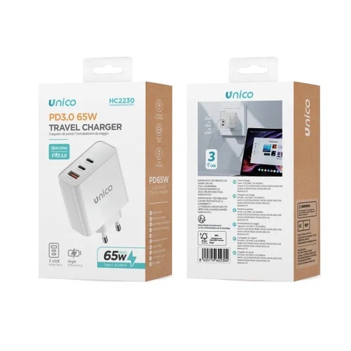 [HC2230] CARICATORE UNICO DA RETE CON 2 USB-C E 1 USB-A POWER DELIVERY 65W CON CERTIFICAZIONE GaN 