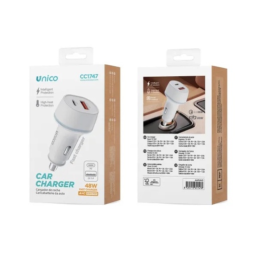 [CC1747] CARICATORE UNICO DA AUTO 12V CON 1 USB-C POWER DELIVERY 30W E USB-A QUICK CHARGE 18W BIANCO 