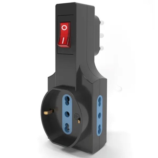 [CT1025N]  ADATTATORE CIVILE CONTAKT CON INTERRUTTORE SPINA SFALSATA 2P+T 16A S17 + 2 BIPRESE 2P+T P17/11 + 1 PRESA SCHUKO P30  +1500W NERO
