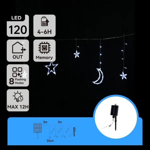 [AI65998] CATENA LUMINOSA SOLARE CON LUCI A LUNA E STELLE, LUCE FREDDA, 3M+3M*0.6M 12STR