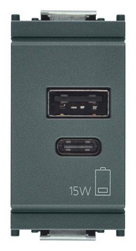 [VIW16292AC15] Alimentatore USB A+C 5V 3A 15W 1M grigio VIMAR