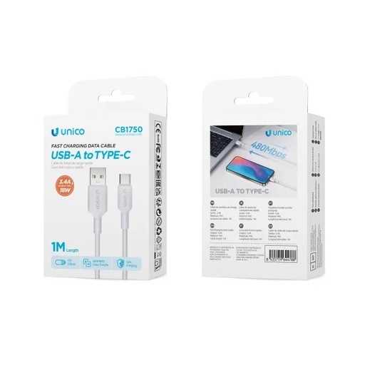 [CB1750B] CAVO UNICO DA USB-A A USB-C 3.4AH 100CM BIANCO 