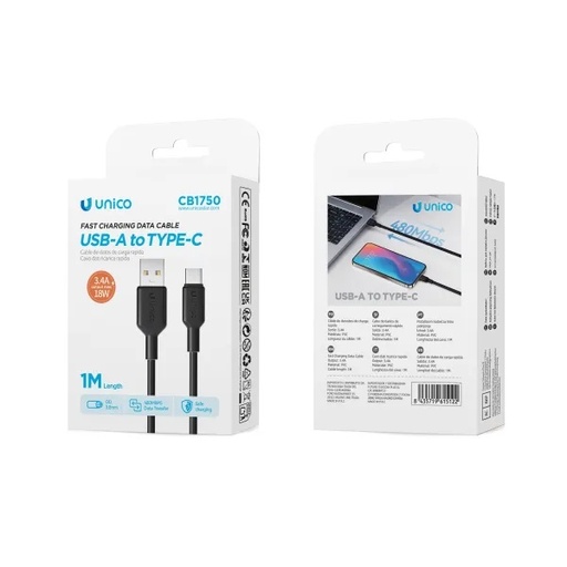[CB1750N] CAVO UNICO DA USB-A A USB-C 3.4Ah 100CM NERO 